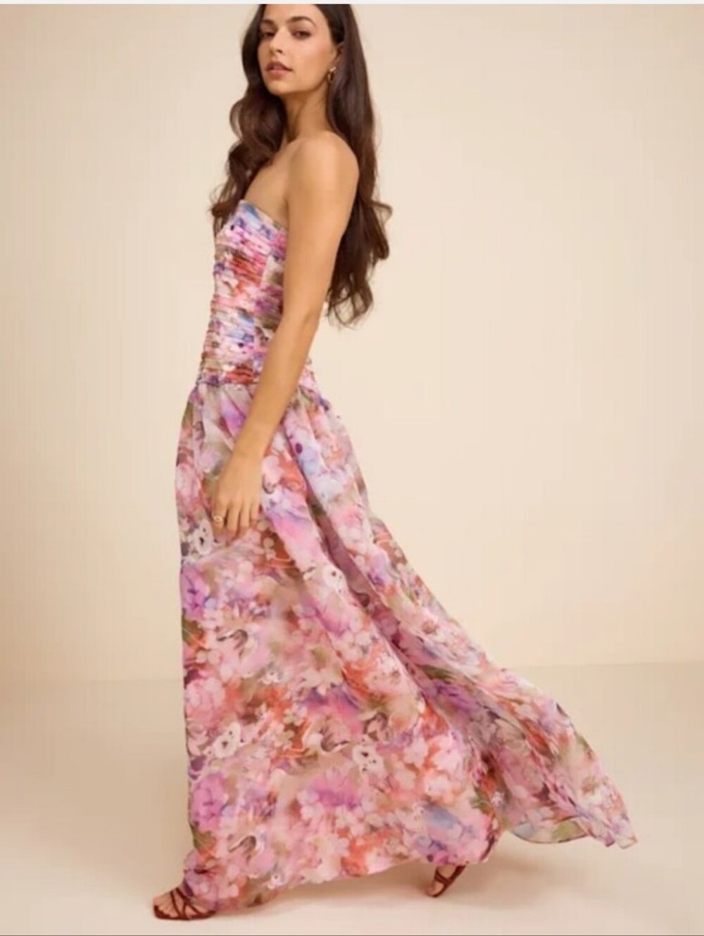 Lulu's  Pink Floral Strapless Maxi Dress Women Size L NEW #4G